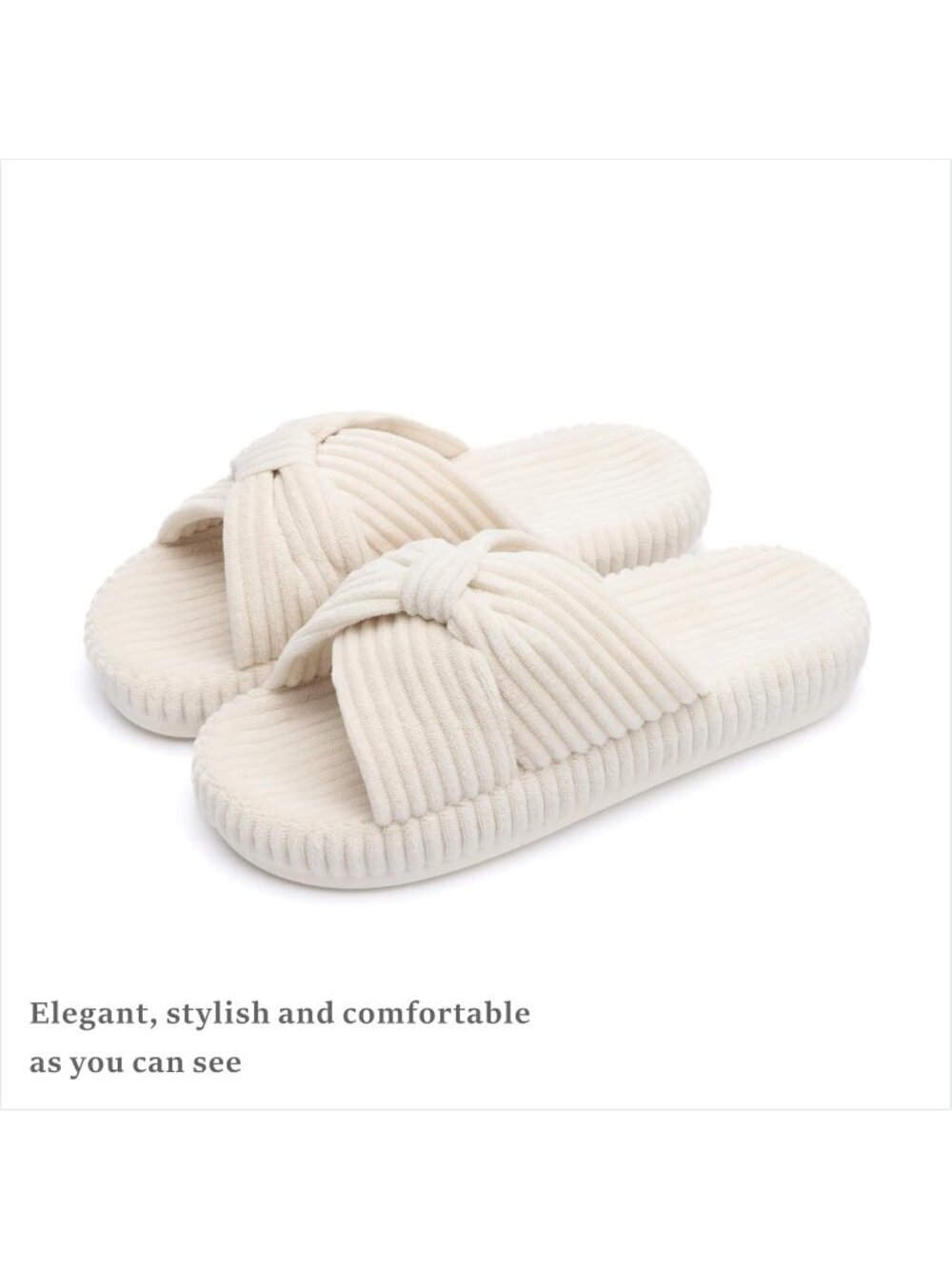 Women's Beige Memory Foam House Corduroy Bow Crossbands Comfy Soft Slipper Shoes - Picture 6 of 6
